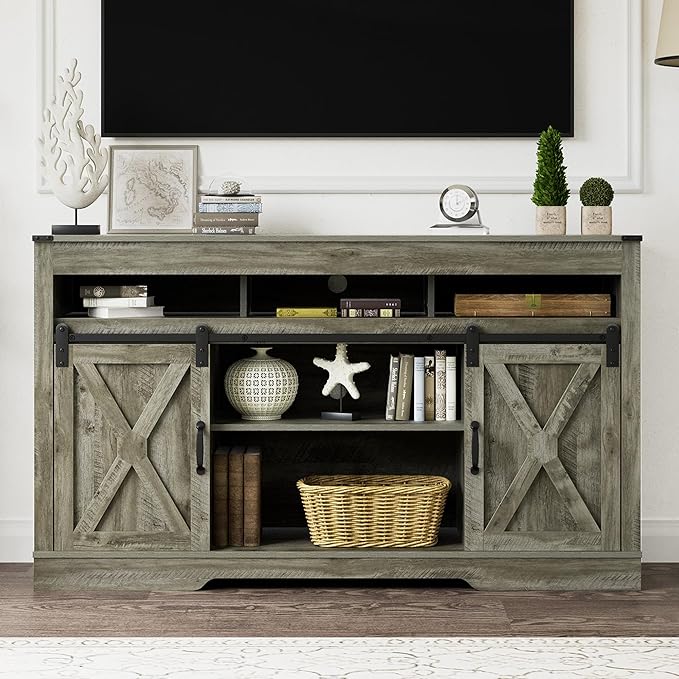 Farmhouse TV Stand for 65+ Inch TV, 34'' Tall Entertainment Center with Sliding Barn Doors, Rustic Wood Media Console Storage Cabinet Television Stand for Living Room, Bedroom Light Grey