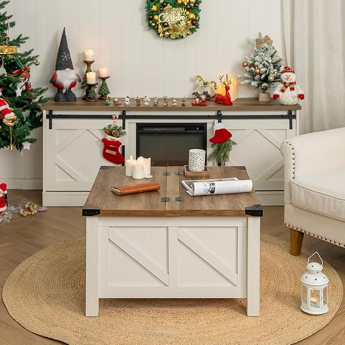 WAMPAT Farmhouse 75 in TV Stand and Coffee Table Set, Entertainment Center for TVs Up to 75", 30" Square Wood Center Table with Gas Spring Flip-Top for Living Room,Antique White