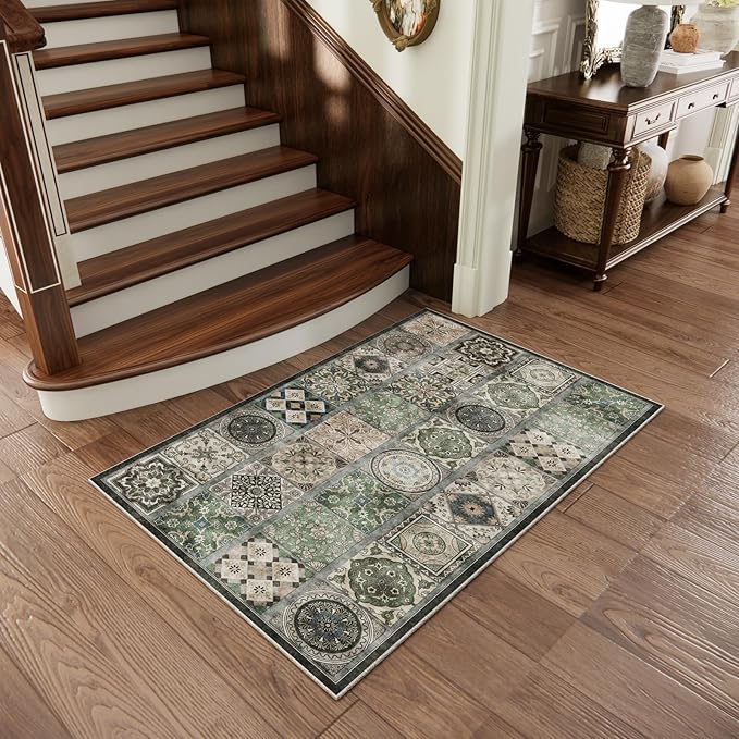 Washable Entryway Rug 3'x5 Non-Slip Backing Vintage Indoor Rug Low Pile Lighrweight Carpet for High-Traffic Indoor Entrance & Kitchen