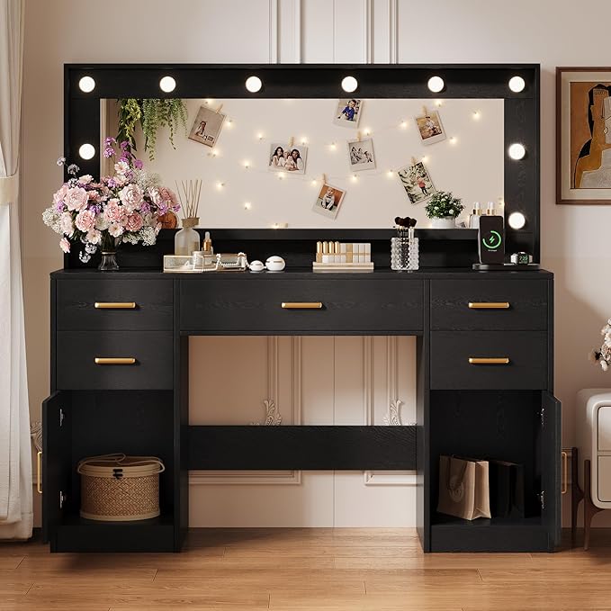 44.8" Large Vanity Desk with Lighted Mirror & Power Outlet, Black Makeup Vanity Desk with Mirror and Lights, Black Vanity Table with 5 Drawers and 2 Cabinets, Dressing Table for Bedroom
