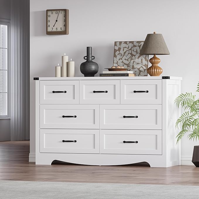 7-Drawer Dresser for Bedroom – 47" Wide Modern Wooden Chest with Natural Wood Texture, TV Stand & Storage, Metal Corner Brackets, Wood Drawer Organizer for Living Room, Hallway