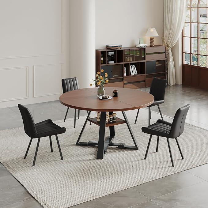45.3" Walnut Round Dining Table Set with 4 Chairs – Mid-Century Modern Small-Space Kitchen & Dining Room Furniture for Apartment or Breakfast Nook (Boxwood – Storage Table + 4 Black Chairs)