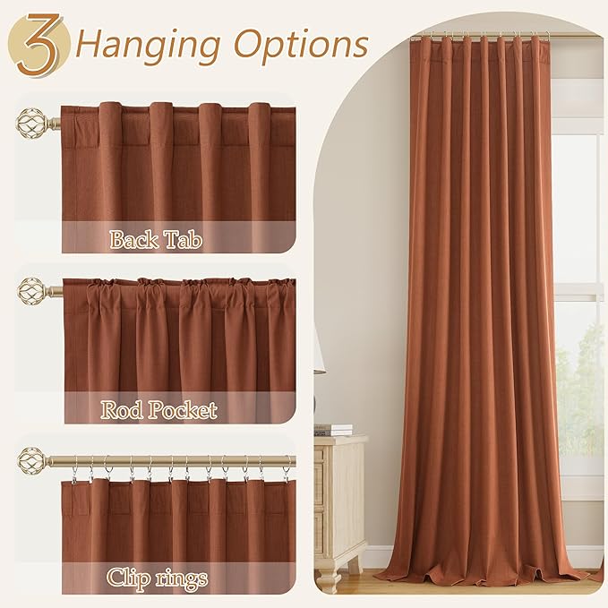 Guken Terracotta Linen Blackout Curtains 120 Inch Length 2 Panels Set for Living Room Bedroom Back Tab Thermal Insulated 100% Black Out Linen Drapes Room Darkening Window Curtains 120 Inches Long