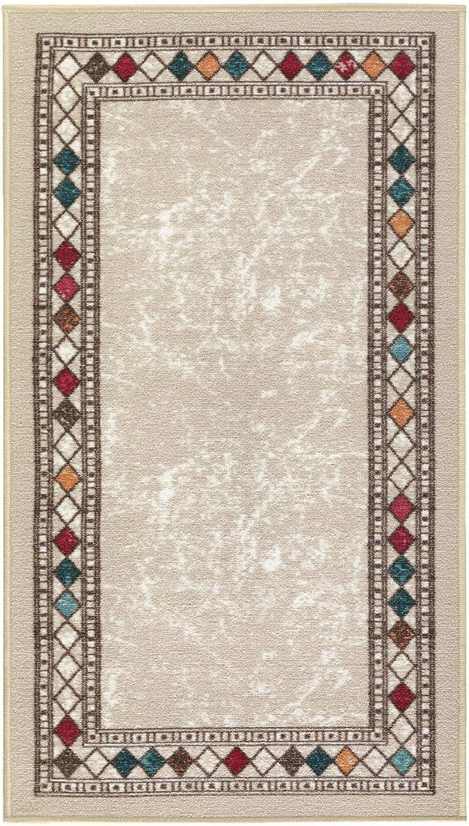 Antep Rugs Alfombras Modern Bordered 2x4 Non-Skid (Non-Slip) Low Profile Pile Rubber Backing Kitchen Area Rugs (Beige, 2'3" x 4')