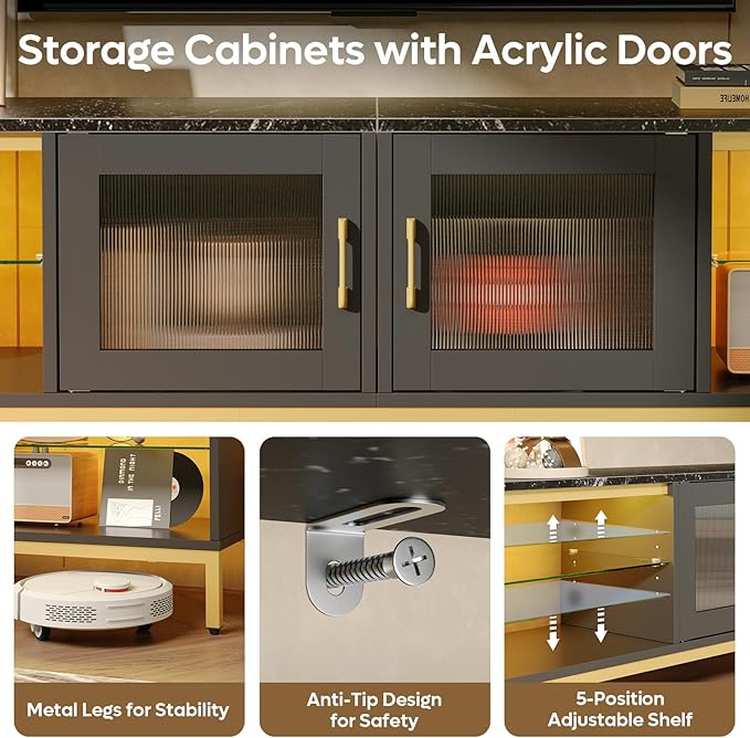 Bestier 80 Inch TV Stand for 75/85/86/90 inch TVs, 4 in 1 LED Entertainment Center with 2 Storage Cabinets, Modern TV Console with Adjustable Shelves for Living Room Bedroom, Black Marble