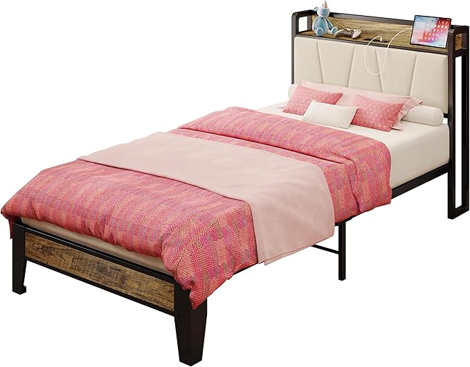 LIKIMIO Twin XL Bed Frames, Storage Headboard with Charging Station, Solid and Stable, Noise Free, No Box Spring Needed, Easy Assembly (Walnut and Beige)