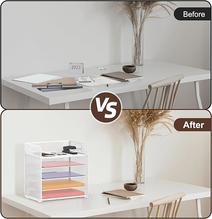 Supeasy 5 Trays Paper Organizer Letter Tray with Handle-Mesh Desk File Organizer, Paper Sorter Desk Organizer for Office, Home or School