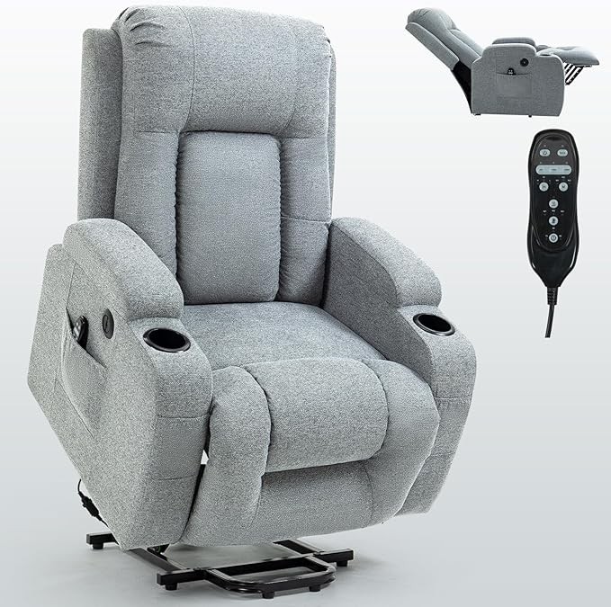 PELUMY Power Lift Recliner Chair for Elderly with Massage & Heat - Heavy Duty Electric Lift Chair, Oversized Recliner, Lay Flat, 8-Point Vibration, Lumbar Heating, USB Port, Cup Holders (Grey)