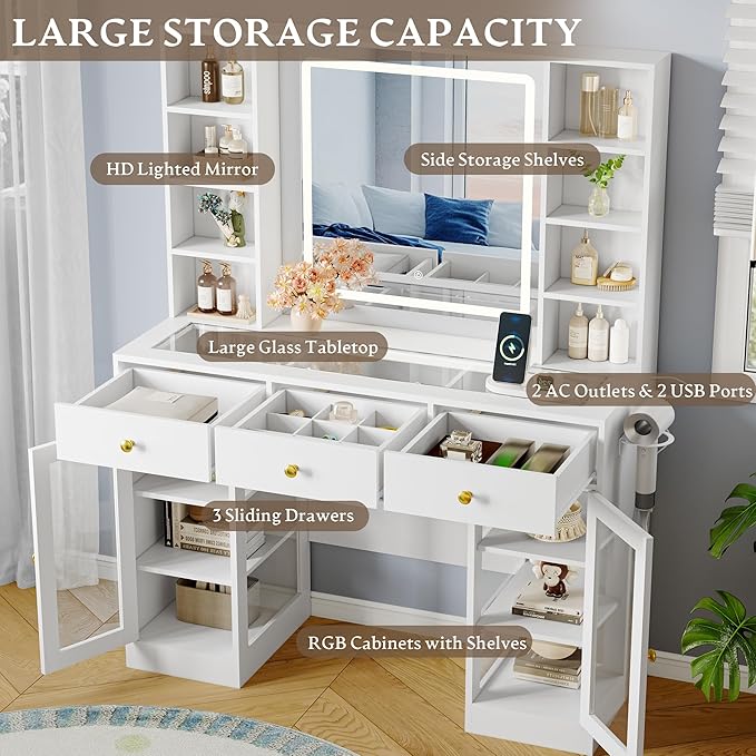 Makeup Vanity Desk with HD Lighted Mirror & Power Outlet, Glass Top Vanity Table Set with Storage Drawers & RGB Cabinets, Large Dressing Table with 3 Lighting Modes for Bedroom Women Girls Kids, White
