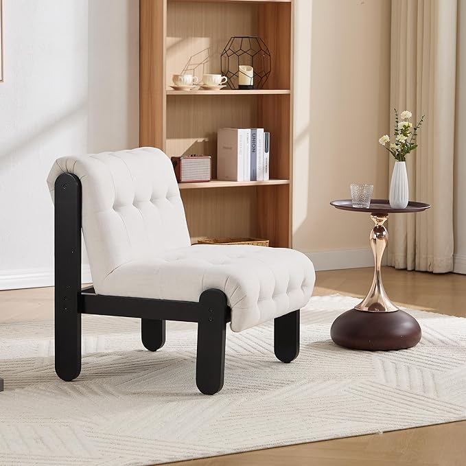 Modern Armless Accent Chair Set of 2 for Living Room, Beige Chenille Button Tufted Upholstered Lounge Reading Chair with Black Wood Frame