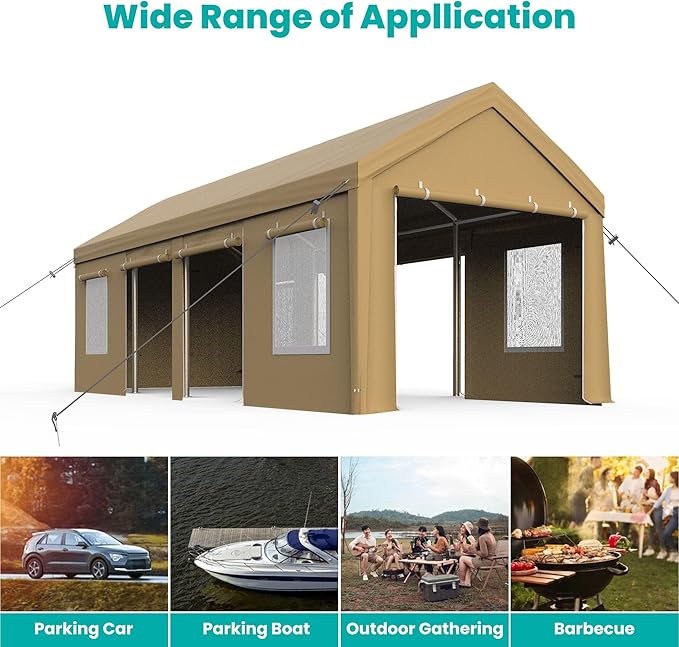 13x25ft Carport, Heavy Duty Carport with Reinforced Steel Poles, Upgraded Portable Garage with Doors & Window, UV Resistant All-Season Waterproof Tarp, for Car, Truck, Boat (Yellow)