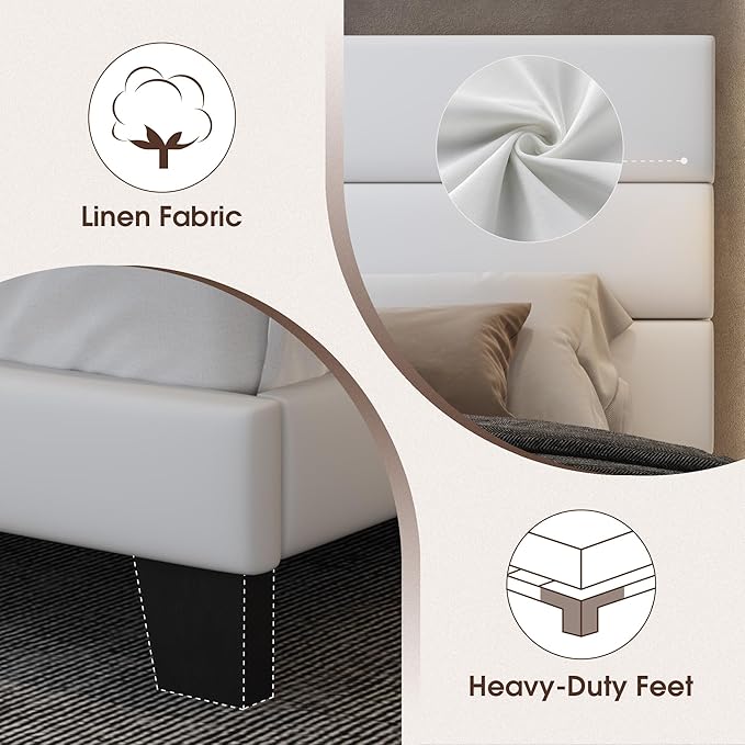 WEEWAY Full Size Bed Frame Platform Bed with Velvet Upholstered Headboard and Wooden Slats Support, Heavy Duty Mattress Foundation, No Box Spring Needed, Easy Assembly, White