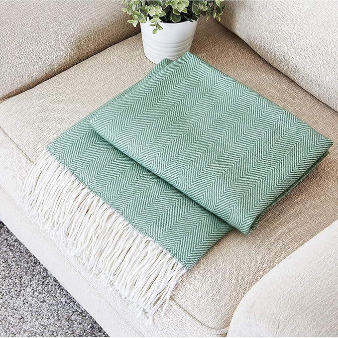 BOURINA Herringbone Tone Throw Blanket Faux Cashmere Fringe Soft Lightweight Cozy for Bed Couch Decorative Throws Blanket, Green, 50" x 60"