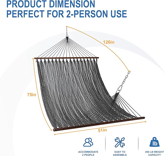 Lazy Daze Hammocks 10.5 FT Double 2 Person Caribbean Rope Hammock, Hand Woven Polyester Hammock with Spreader Bars, for Outside Outdoor Backyard Patio Poolside,450 LBS Capacity, Gray