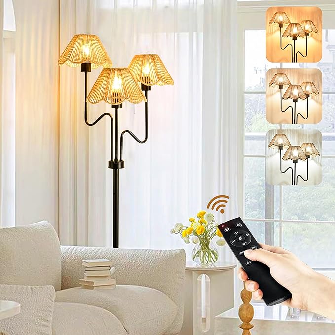 Rattan Floor Lamp for Living Room Bedroom,3-Light Floor Lamp with Remote Control,Boho Flower Lamp Black Tree Standing Lamp with 3 Color Temperature Tall Floor Lamps for Bedroom Corner
