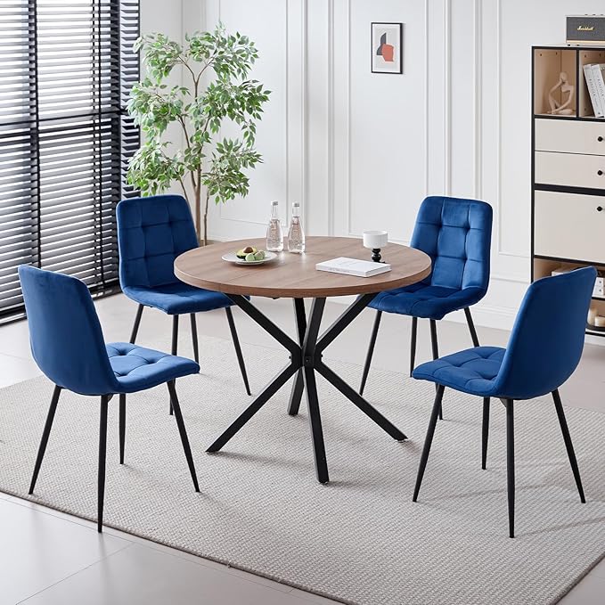 39" Round Dining Table Set for 4, Mid Century Kitchen Table with 4 Velvet Dining Chairs for Apartment Living Room Space Saving