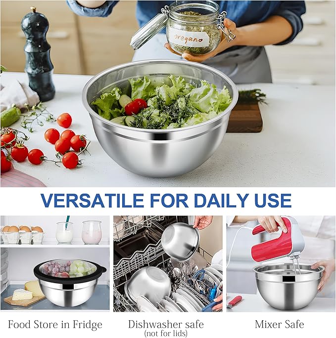 TeamFar Mixing Bowls, 4.5/3/1.5 QT Stainless Steel Nesting Salad Bowls with Airtight Lids, For Serving/Mixing/Storing/Prepping, Non-Toxic & Sturdy, Visible & Easy Clean, Black, Set of 3