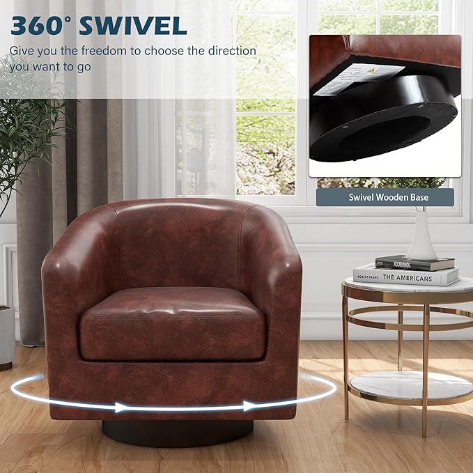 UIXE PU Leather Swivel Barrel Accent Chair, Upholstered Armchair Club Chair for Living Room, Round Arm Chair Bedroom Single Sofa Reading Seat - Red Brown