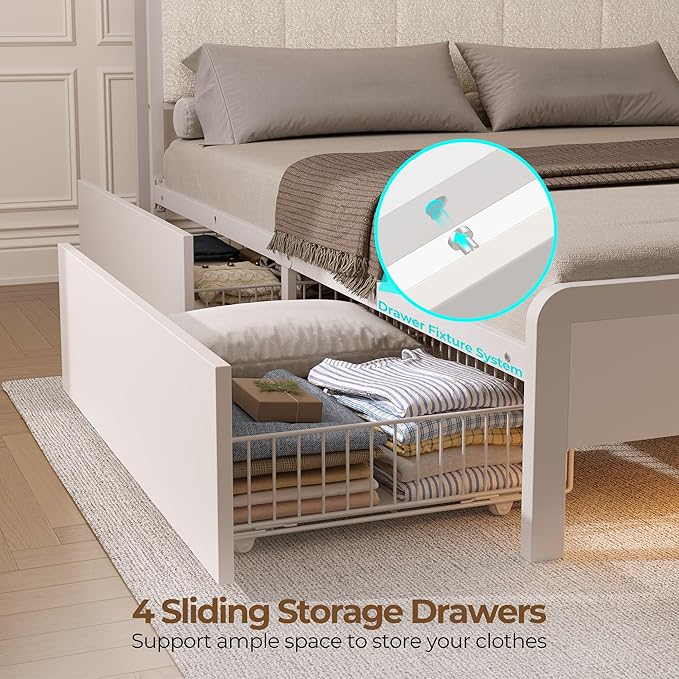 Rolanstar Bed Frame Queen Size with Charging Station and LED Lights, Upholstered Storage Headboard with Drawers, Heavy Duty Metal Slats, No Box Spring Needed, Noise Free, Easy Assembly, White