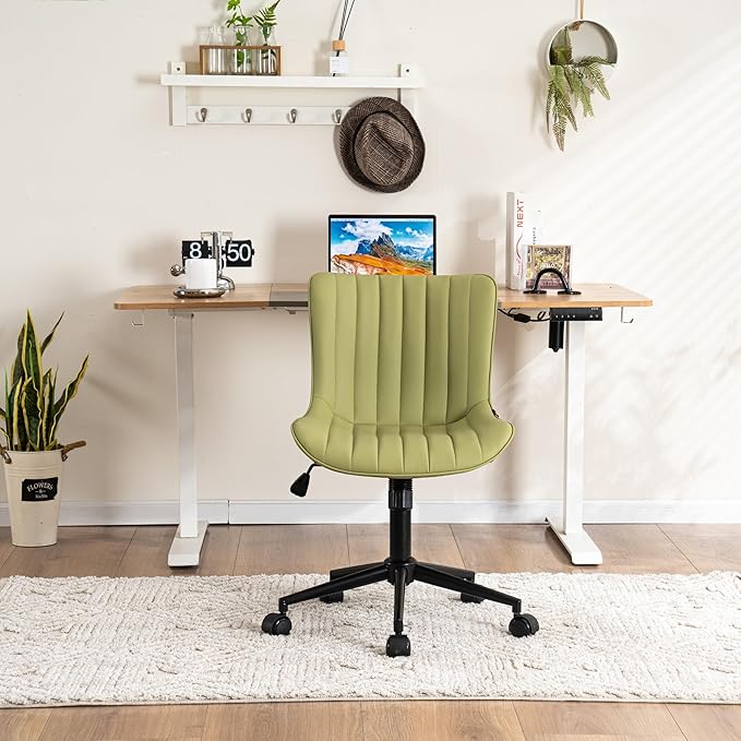 YOUNIKE Ergonomic Home Office Desk Chair with Wheels Comfy Armless Criss Cross Chair with Back Adjustable Modern Leather Upholstered Swivel Vanity Chair Small Cute Rolling Task Chair Avocado Green