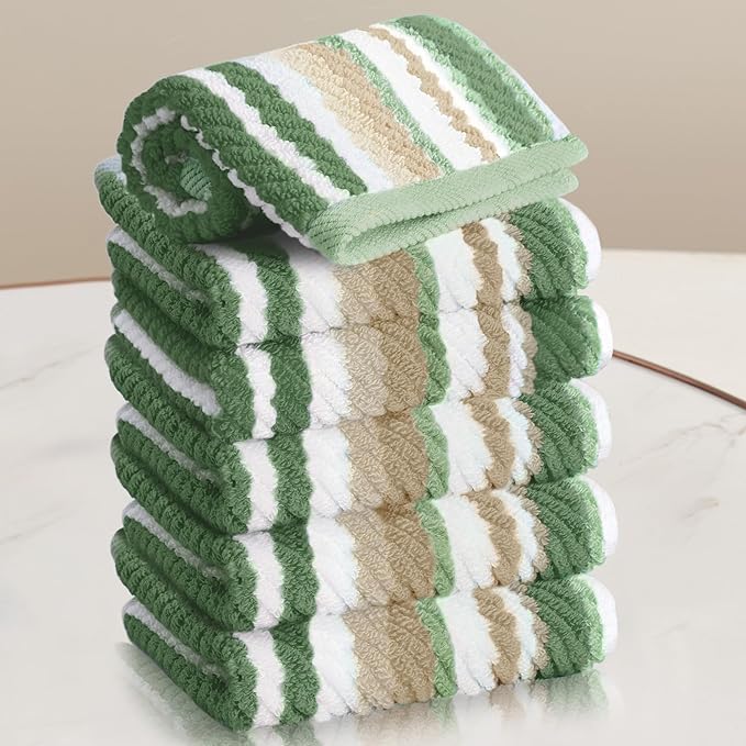 VOOVA & MOVAS Green Striped Towels - 100% Cotton, Quick Dry, Soft & Absorbent, 6PC Cotton Towels Set (Wash Cloth 13"x13"), Luxury Towel Set for Bathroom, Sage and Beige
