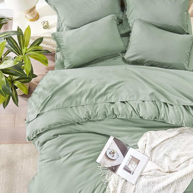 Andency Queen Comforter Set with Sheets Sage Green -7 Pieces Boho Tassel Bed in a Bag Soft Lightweight Bedding Sets, All Season Fringe Bed Set with Comforter, Sheets, Pillowcases & Shams