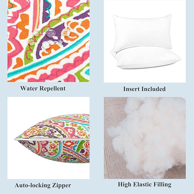 FUNHOME Set of 2 Outdoor Lumbar Pillows with Insert, 12”x20” Water-Repellent Fade Resistant Patio Lumbar Pillow, Decorative All Weather Lumbar Pillows for Home Coach Sofa Use-Melora Paisley