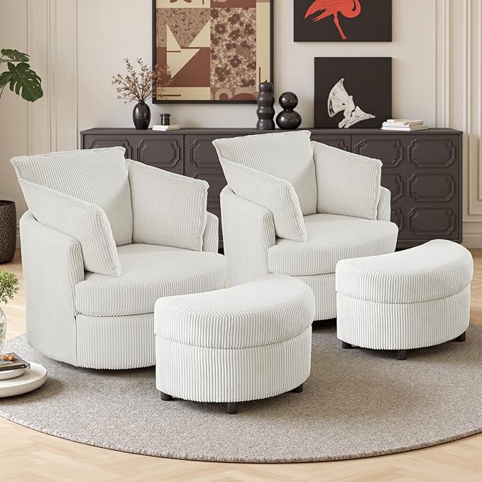 Swivel Accent Chair with Ottoman Comfy Reading Chairs for Bedroom Modern Corduroy Arm Chair 360°Swivel Barrel Chairs for Living Room,Apartment (White, 2)