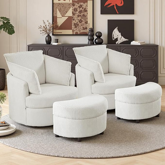 Swivel Accent Chair with Ottoman Comfy Reading Chairs for Bedroom Modern Corduroy Arm Chair 360°Swivel Barrel Chairs for Living Room,Apartment (White, 2)