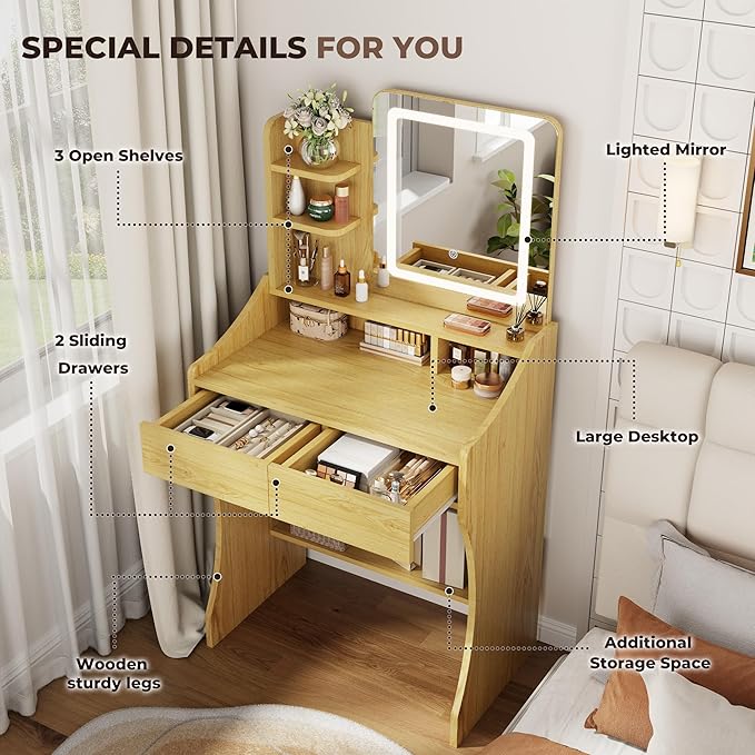 Small Vanity Desk, Makeup Vanity with Mirror and Lights, Vanity Desk with Drawer & 3 Storage Shelves, Wood Makeup Vanity Desk with Lights for Bedroom, Natural