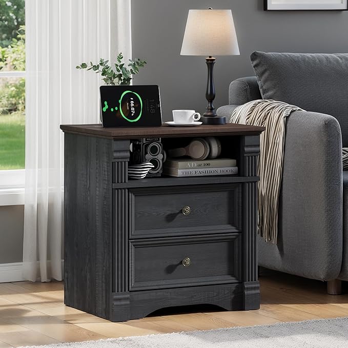 Yaamizz Farmhouse Nightstands Set of 2 with Charging Station, Table with Drawer and Storage Shelf, Wood Pilasters and Metal Handles, Vintage Design, Organizer for Bedroom, Hallway, Black