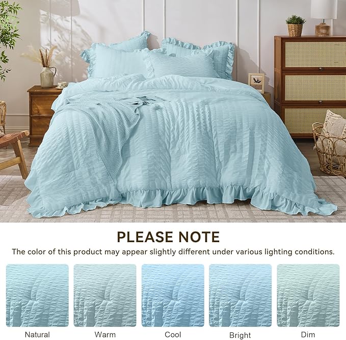 JOLLYVOGUE Blue Twin Size Comforter Set, 2 Pieces Seersucker Lightweight Fluffy Bedding Set, Twin Ruffle Comforter, All Season Soft Microfiber Shabby Chic Bed Set