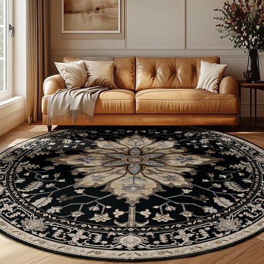Area Rugs 8ft Washable Non-Slip, Floral Vintage Distress Print Pattern Medallion Carpet for Living Room Bedroom Dining Room, Black Brown Neutral Dark Tan