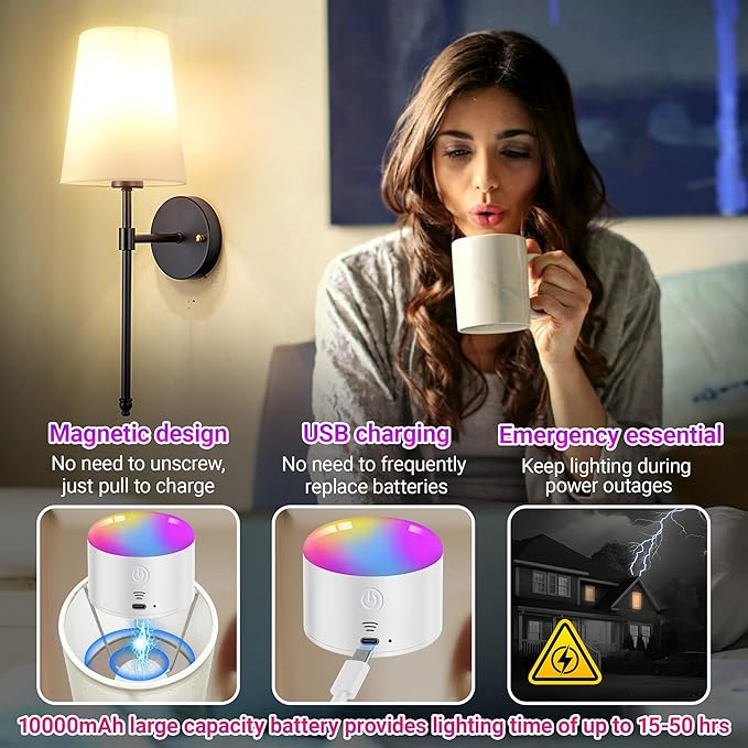 Battery Operated Wall Sconce Light with Remote Control, Dimmable Wall Sconce Set of 2 with White Fabric Shade, Indoor Wireless Battery Operated Wall Lamp Light For Bedroom Living Room, Bulb Included (