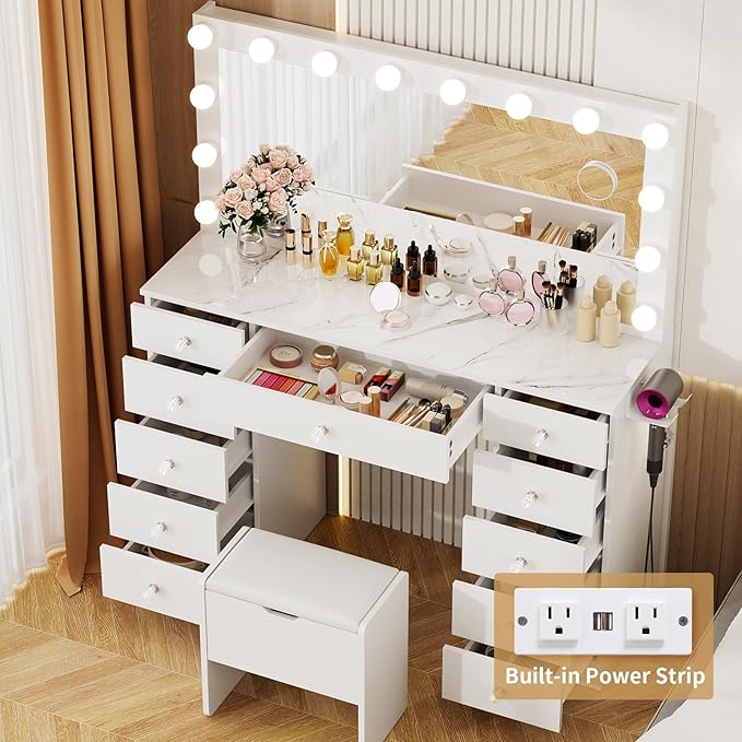 VOWNER Vanity with Lighted Mirror - Makeup Vanity Desk with 11 Drawers and Outlet, 3 Color Lighting Modes Adjustable Brightness, 46" Vanity Table with Soft Cushioned Stool for Bedroom, Marble