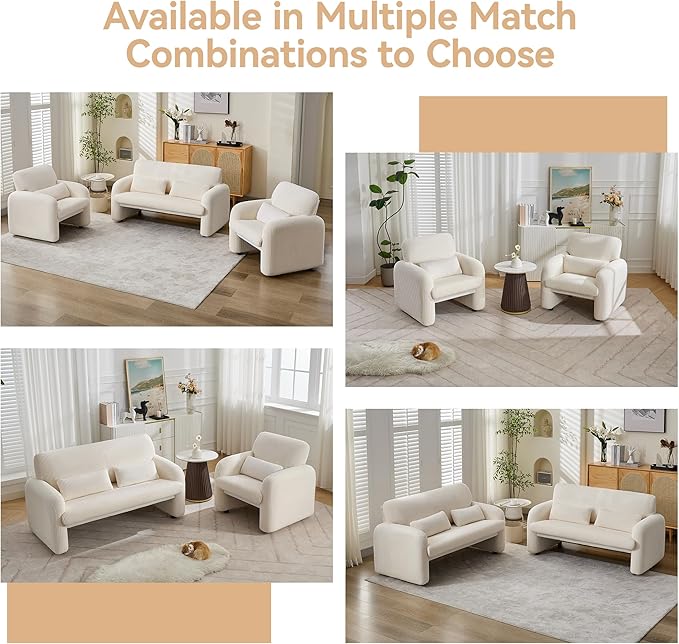 Corduroy Accent Living Room Sets, Modern Upholstered Love Seat with 2 Accent Chairs, Wide Comfy Leisure Chair Sets for Bedroom, Office, White