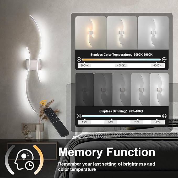 Battery Operated Wall Sconces Set of Two with Remote Control, Stepless Colors 3000K-6000K & Dimming, LED Nickel Wireless Wall Light for Living Room, Hallway, Bedroom, 39.3 Inch (2 Pack)