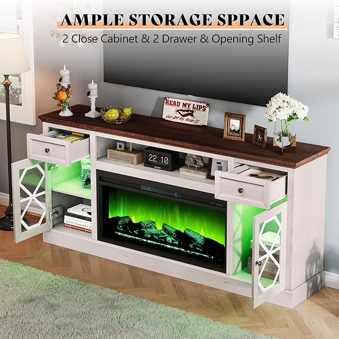 AMERLIFE Farmhouse Fireplace TV Stand with 37" Electric Fireplace for 80 Inch TVs, Large LED Media Entertainment Center with Drawers, 31" Tall Highboy TV Console Cabinet with Door, Living Room, White