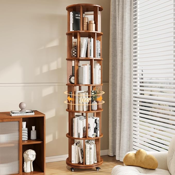 6 Tier Bookshelf Tower, 360° Solid Wood Spinning Bookcase with Swivel Wheels, Floor Standing Book Shelf for Small Space, Bookshelf for Home Office Study Room Bedroom Living Room