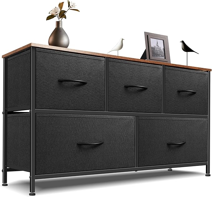 Dresser for Bedroom with 5 Drawers, Chest of Drawers, Storage Drawers Organizer Unit, Black Wide Fabric Dresser with Fabric Bins for Closet, Living Room, Bedroom (Black and Rustic Brown)
