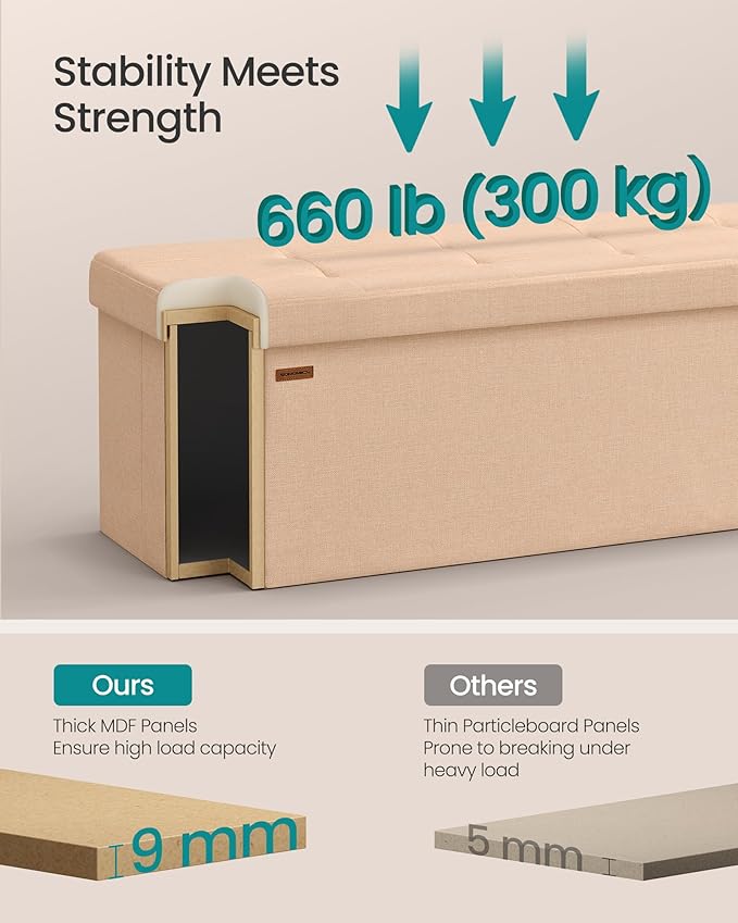 SONGMICS Mazie Collection - Storage Ottoman Bench, 43 Inches Folding Foot Rest Stool, End of Bed Bench, Easy Assembly, for Living Room, Bedroom, Entryway, Apricot Orange ULSF077O01