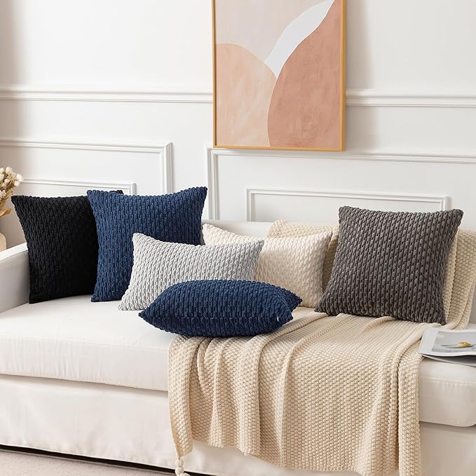 Kevin Textile Pack of 2 Corduroy Decorative Throw Pillow Covers 26x26 Inch Soft Boho Striped Pillow Covers Modern Farmhouse Home Decor for Spring Sofa Living Room Couch Bed Navy Blue