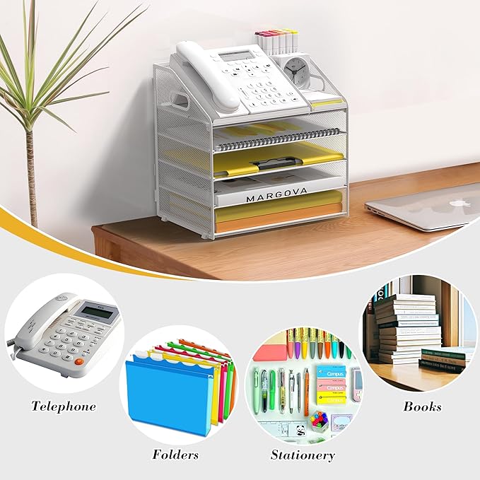 Letter Tray Paper, 5 Tier Desk Organizer with Pen Holder and Handle, Mesh File Organizer Paper Sorter Metal Desktop Document Shelf for Office Home Classroom - White