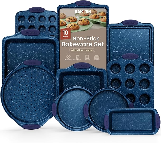 BAKKEN Kitchen Baking Pan Set - Nonstick Coating, Carbon Steel Bakeware Sets with Blue Silicone Handles, Baking Kitchen Essentials, PFOA, PFOS, PTFE Free, Oven Safe Tray (Up To 450° F), Set of 10