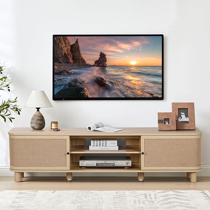 AVZEAR Curved Profile Farmhouse TV Stand for TVs Up to 70 Inches, Mid Century Modern Entertainment Center with Storage & Natural Linen Doors, Large Media Console for Living Room, Bedroom, Natural