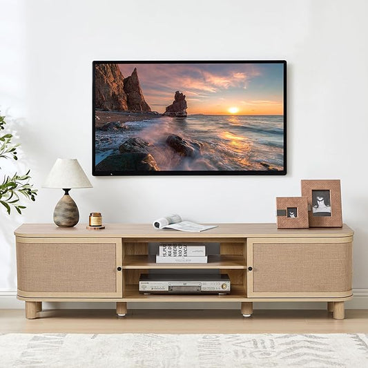 AVZEAR Curved Profile Farmhouse TV Stand for TVs Up to 70 Inches, Mid Century Modern Entertainment Center with Storage & Natural Linen Doors, Large Media Console for Living Room, Bedroom, Natural