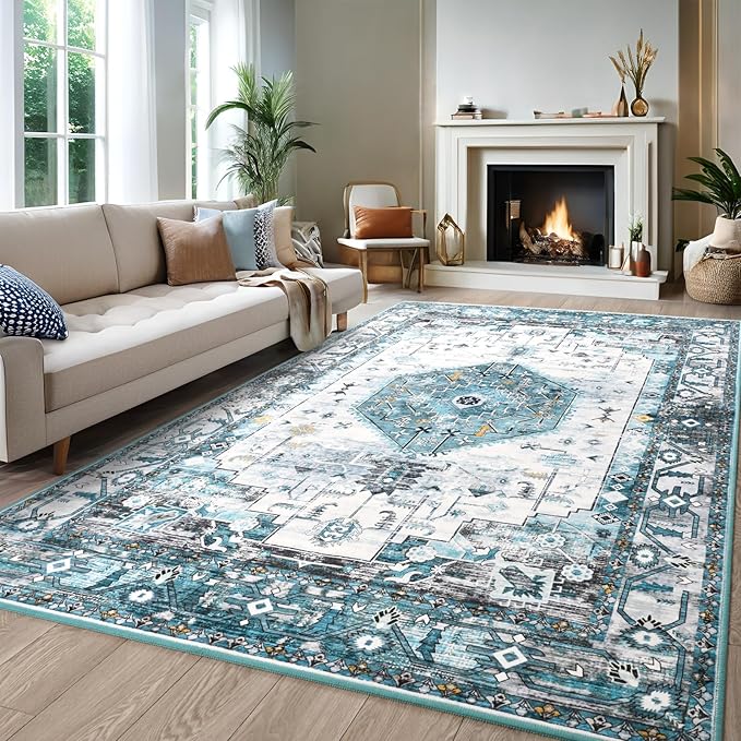 5x7 Area Rugs for Living Room, Non Slip Vintage Floral Rug for Bedroom Dining Room, Low Pile Indoor Carpet for Nursery, Kitchen, Office Home Decor, Blue