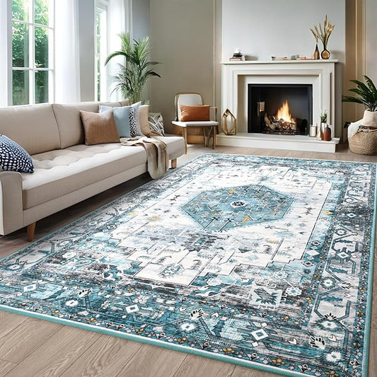 5x7 Area Rugs for Living Room, Non Slip Vintage Floral Rug for Bedroom Dining Room, Low Pile Indoor Carpet for Nursery, Kitchen, Office Home Decor, Blue