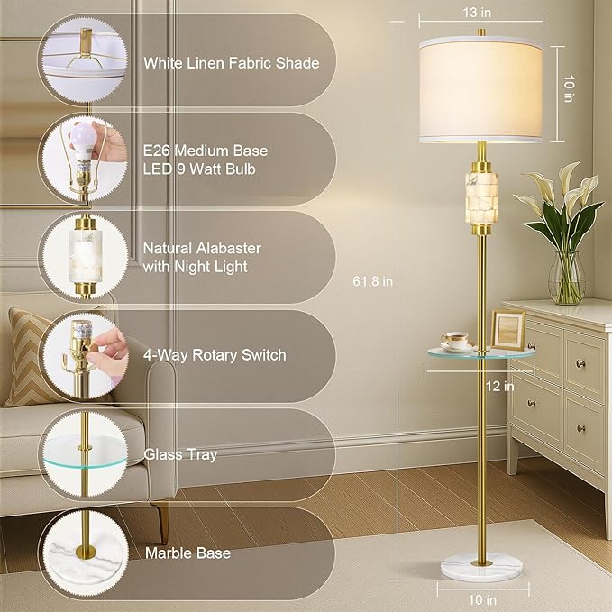 Gold Floor Lamp for Living Room with Glass Tray and Night Light,Alabaster Tall Lamp,Living Room Lamp with Linen Shade,Marble Base Standing Lamp Decor for Bedroom,Office(Bulb Included)