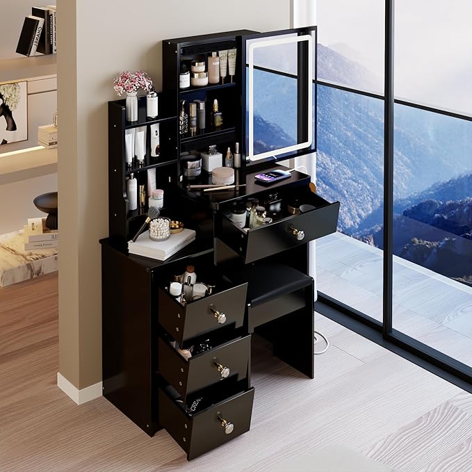 29.2" Small Vanity Desk with Mirror and Lights, Makeup Table with 2 AC+2 USB Power Station, Hair Dryer Bracket, Vanity Set with Drawers and Stool for Small Space Bedroom, Black
